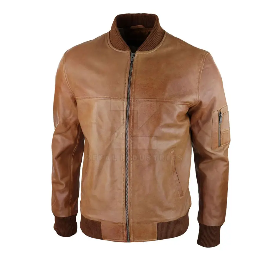 OEM Service Design Custom Logo Men Leather Bomber Jacket Stand Collar Front Logo High Quality Winter Jacket — Zefal Industries product photograph 3 of 6