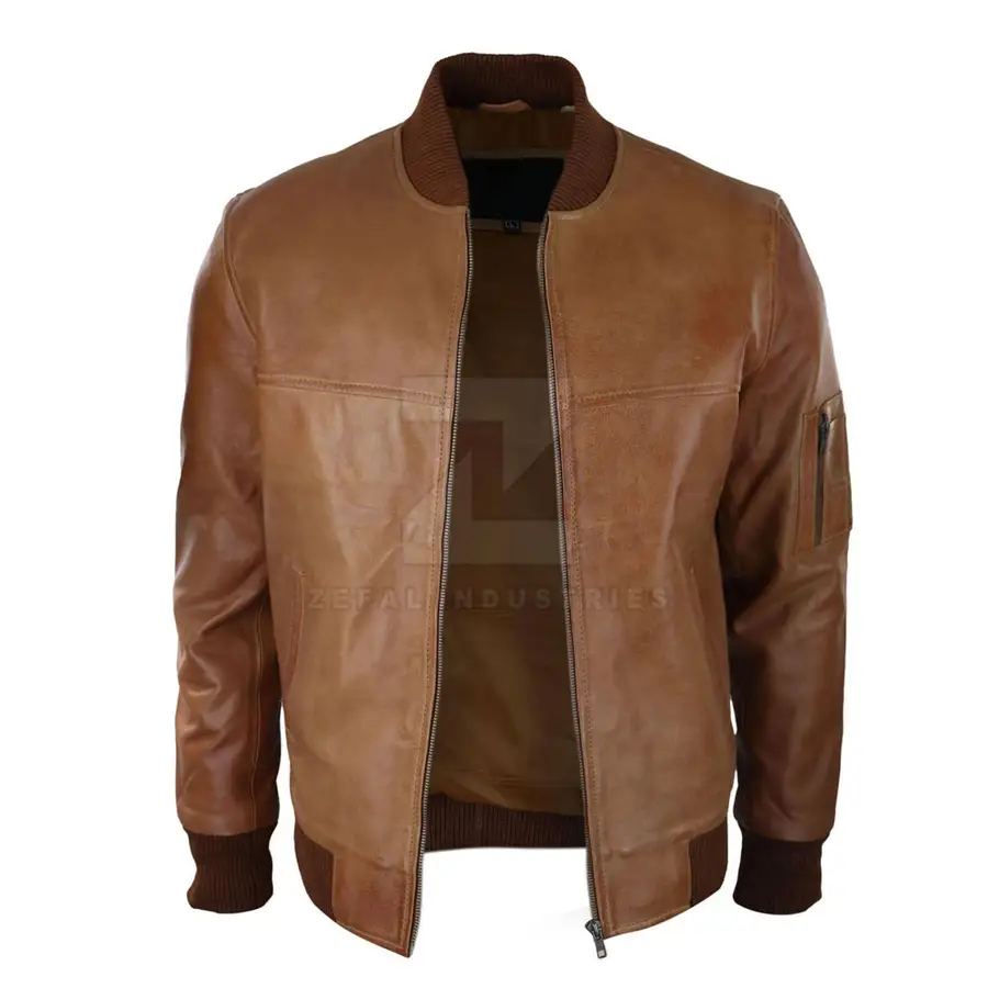 OEM Service Design Custom Logo Men Leather Bomber Jacket Stand Collar Front Logo High Quality Winter Jacket — Zefal Industries product photograph 4 of 6