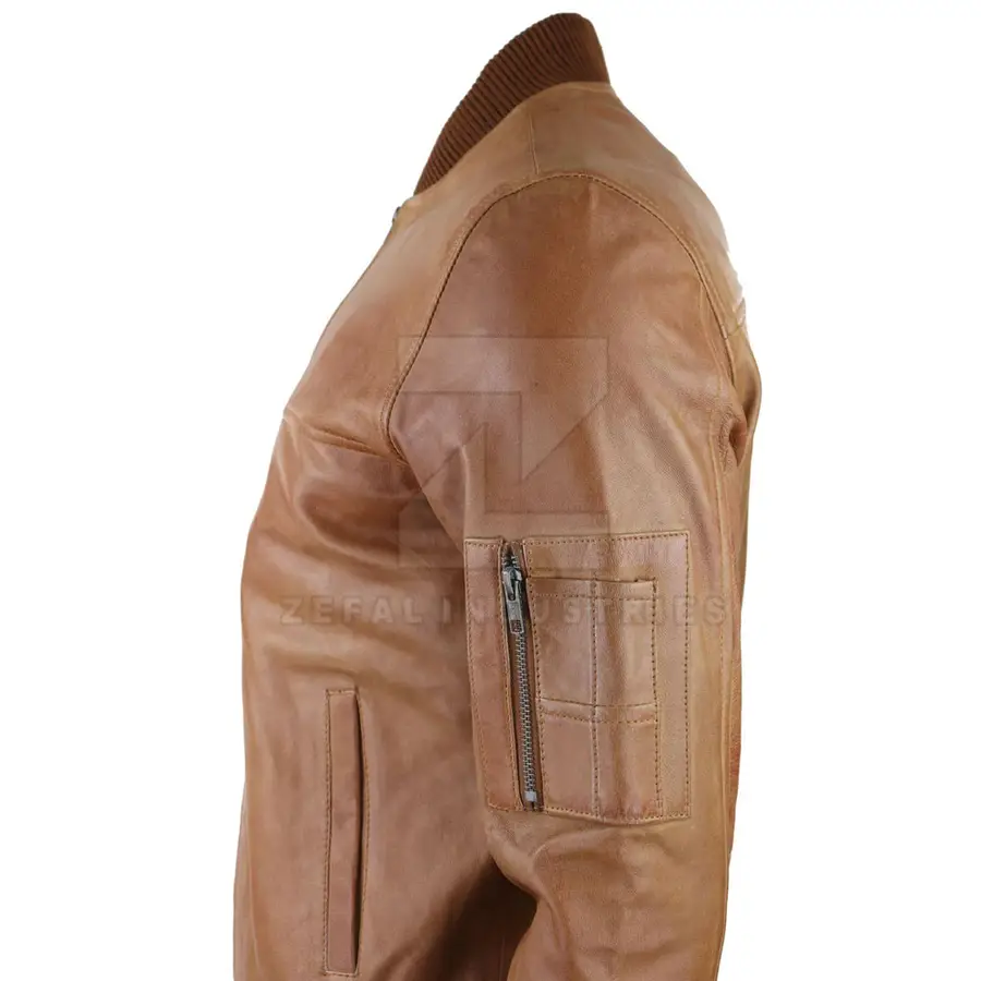 OEM Service Design Custom Logo Men Leather Bomber Jacket Stand Collar Front Logo High Quality Winter Jacket — Zefal Industries product photograph 6 of 6