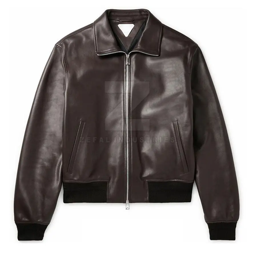 Hot Sale High Quality Winter Leather Bomber Jacket Men Stand Collar Front Logo Breathable Eco-Friendly Waterproof Customizable — real Zefal Industries product photograph