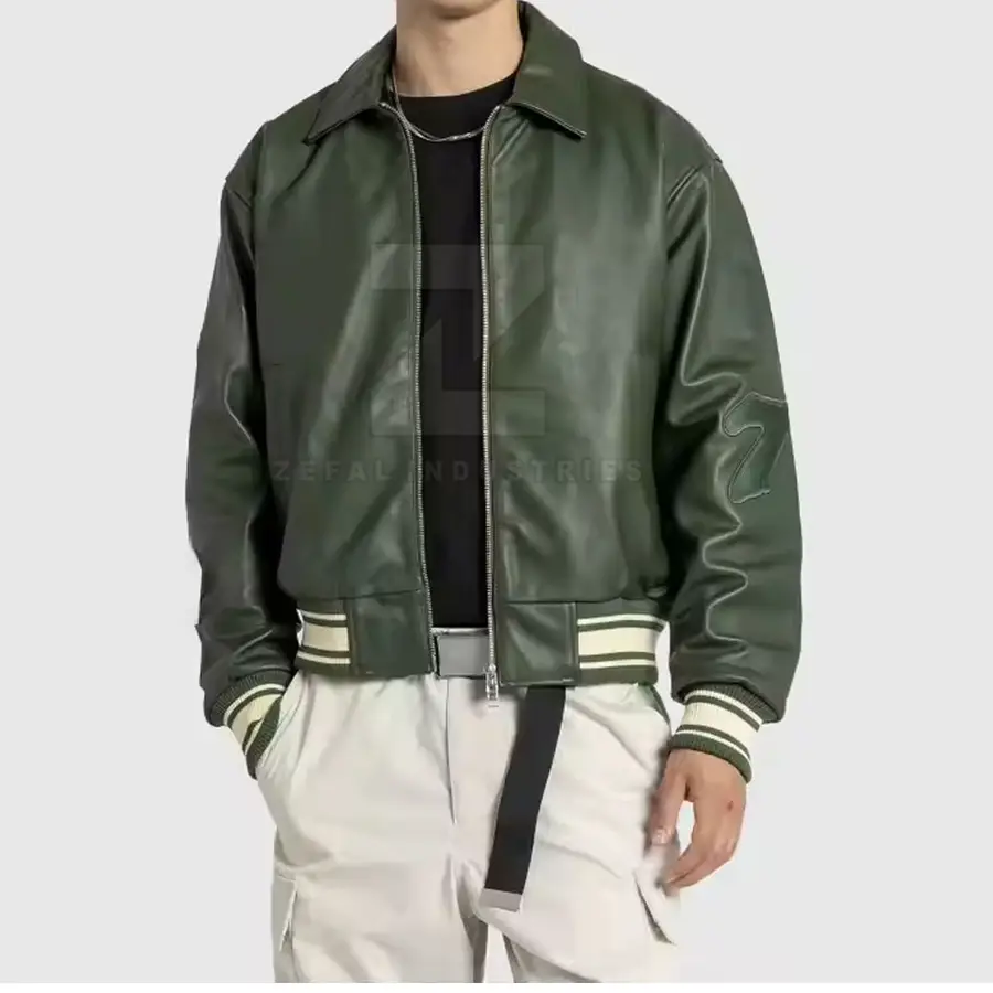 Factory Made Men's Winter Leather Bomber Jacket Stand Collar Front Logo Plus Size Waterproof Windproof Eco-Friendly Breathable — Zefal Industries product photograph 3 of 6