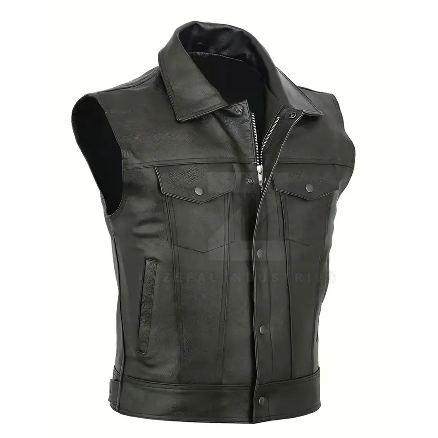 Sleeveless Breathable Casual Winter Men Leather Vest Outerwear Custom Color High Quality Lightweight V-neck for Sale — Zefal Industries product photograph 1 of 6
