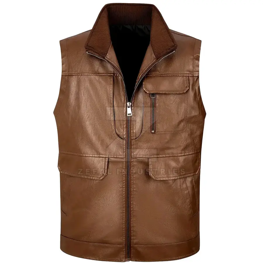 Fashion Custom Made Cow Hide Leather Vest Men Slim Fit Winter Casual Outerwear High Quality Breathable Made in Pakistan — real Zefal Industries product photograph