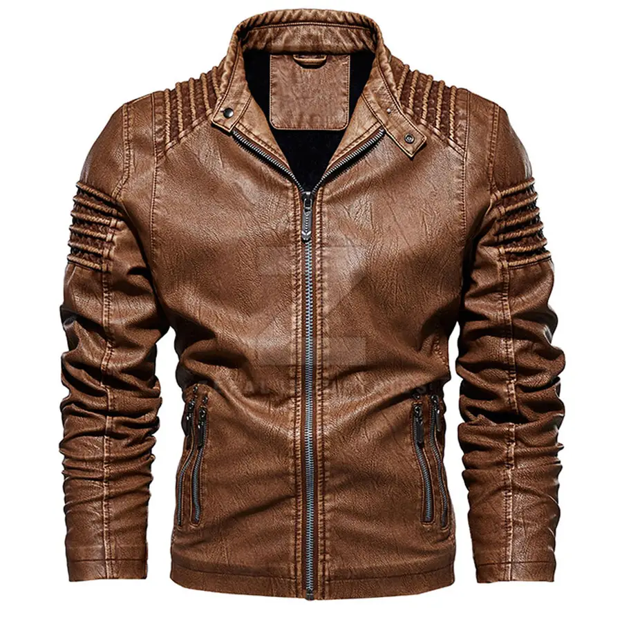 Design Your Own High Quality Men's Winter Leather Jacket with Stand Collar and Front Logo Long Sleeve Best Price — Zefal Industries product photograph 1 of 6