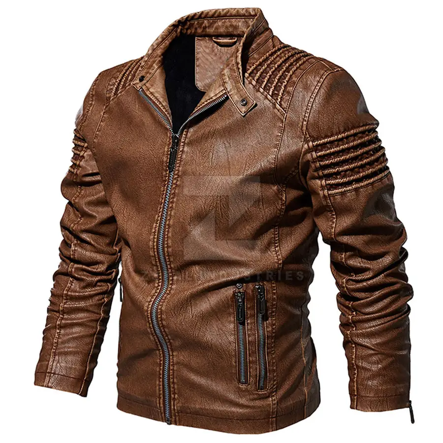 Design Your Own High Quality Men's Winter Leather Jacket with Stand Collar and Front Logo Long Sleeve Best Price — Zefal Industries product photograph 3 of 6