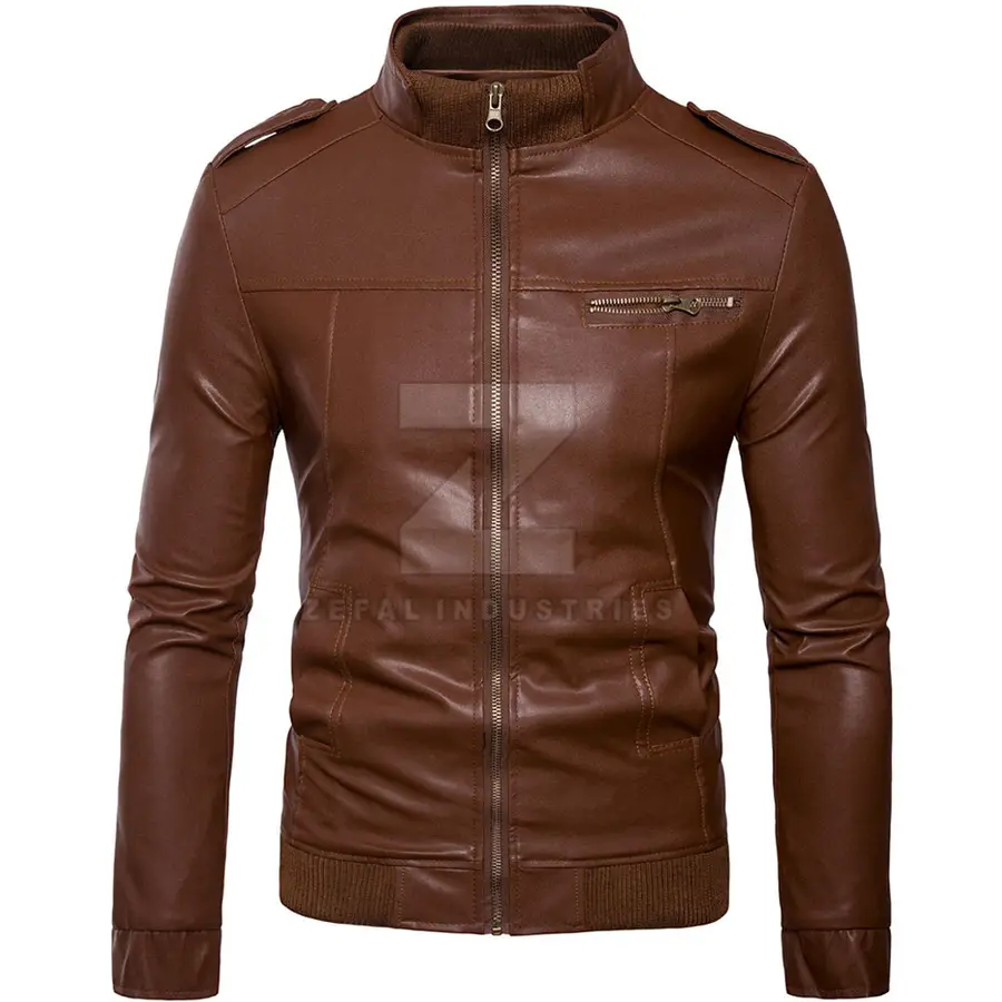 Fall Winter Men's Leather Jacket with Stand Collar and Front Logo High Quality Windproof & Waterproof — Zefal Industries product photograph 1 of 6