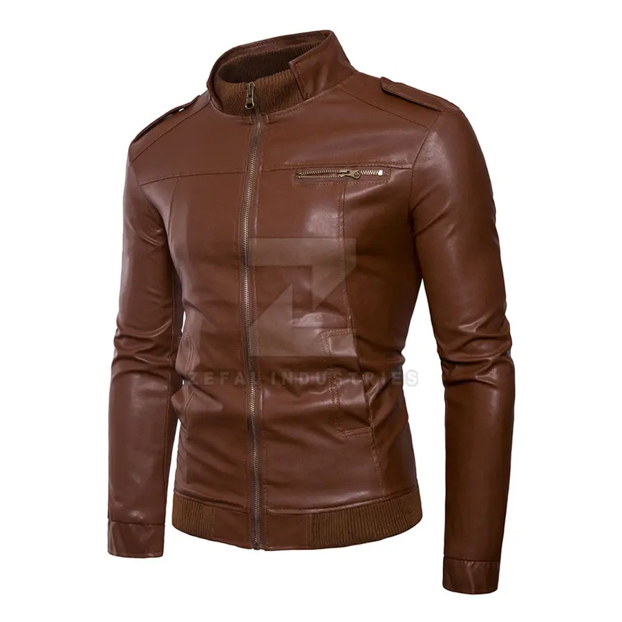 Fall Winter Men's Leather Jacket with Stand Collar and Front Logo High Quality Windproof & Waterproof — Zefal Industries product photograph 2 of 6