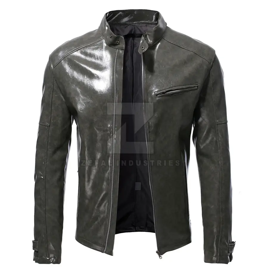 Customized Color Breathable Windproof Waterproof Winter Men's Leather Jacket with Stand Collar Front Logo Slim Fit Long Sleeve — Zefal Industries product photograph 1 of 6