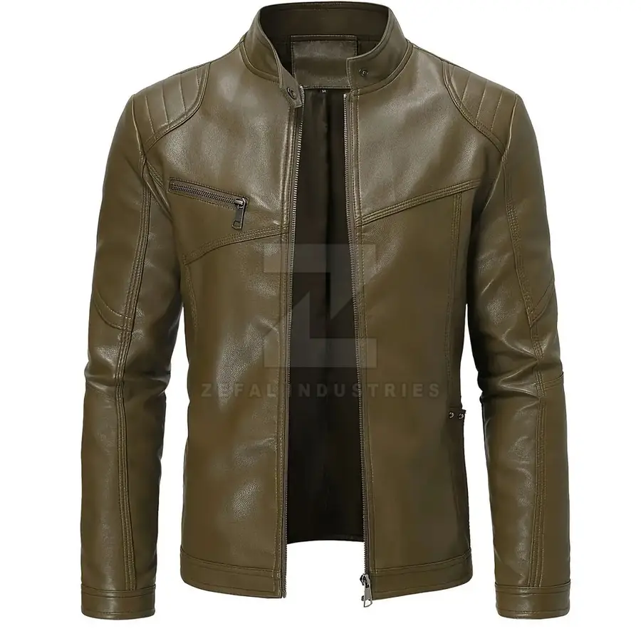 Men's Leather Winter Jacket High Quality Long Sleeve Streetwear Stand Collar Front Logo Waterproof Breathable Eco-Friendly — Zefal Industries product photograph 1 of 6