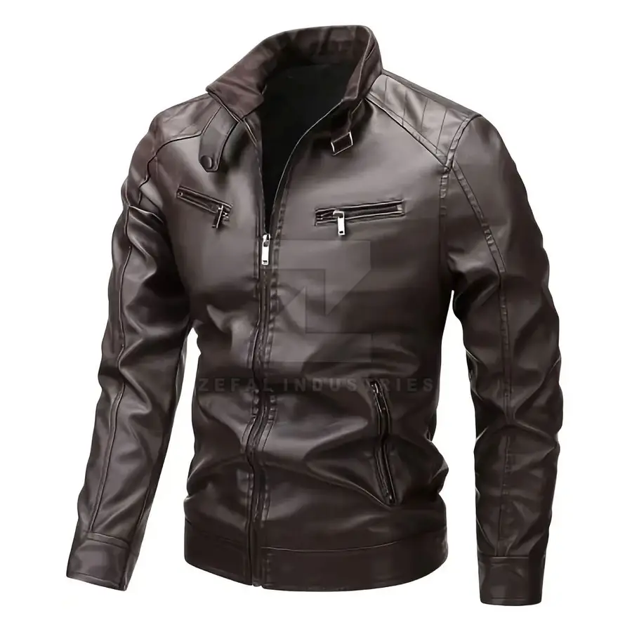 Real Genuine Leather Men's Winter Jacket Stand Collar Front Waterproof Eco-Friendly Breathable Casual Soft Fabric Customizable — Zefal Industries product photograph 1 of 6