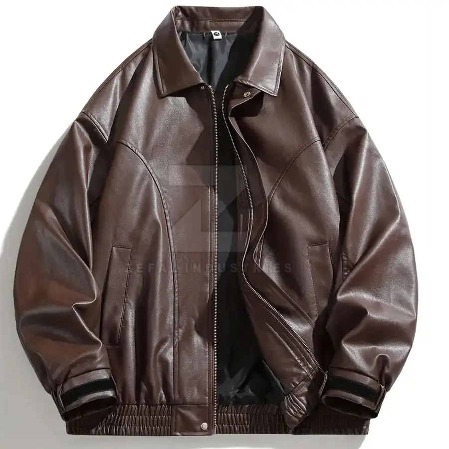 Custom Brown Solid Color Men's Leather Jacket Stand Front Waterproof Breathable Eco-Friendly Windproof High Quality OEM Winter — Zefal Industries product photograph 1 of 6