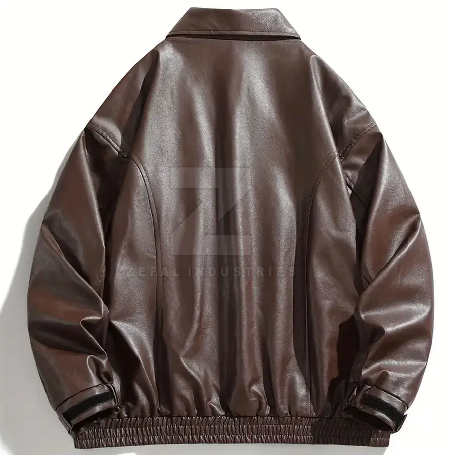 Custom Brown Solid Color Men's Leather Jacket Stand Front Waterproof Breathable Eco-Friendly Windproof High Quality OEM Winter — Zefal Industries product photograph 2 of 6