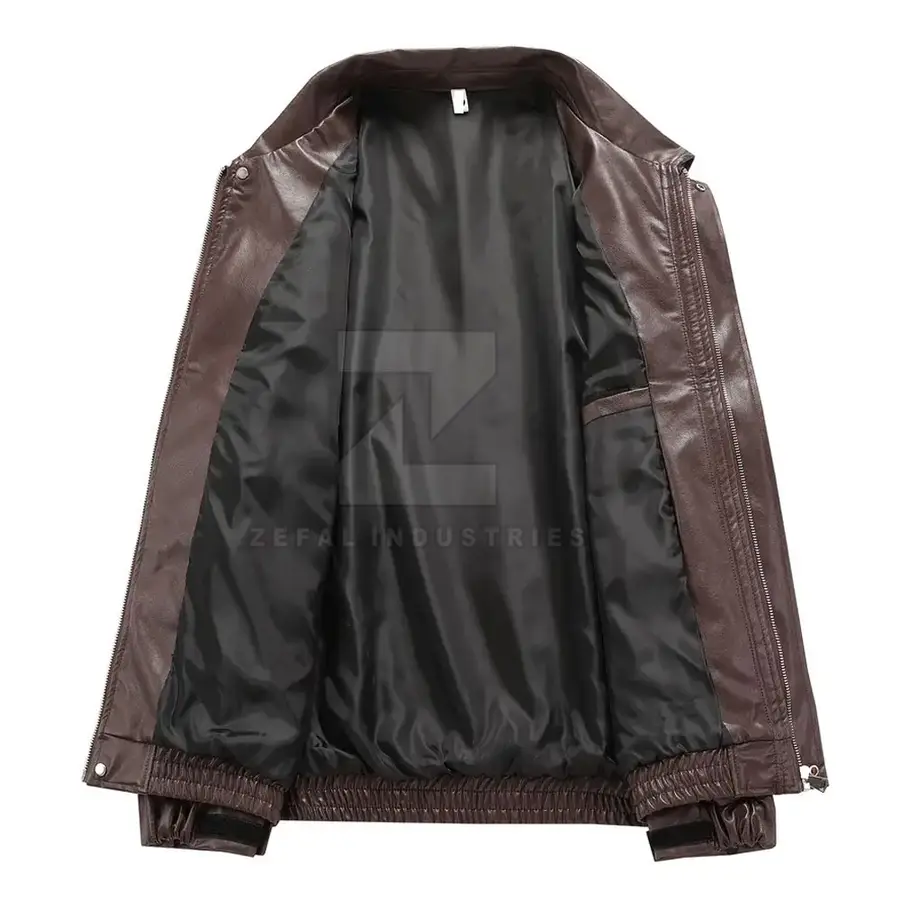 Custom Brown Solid Color Men's Leather Jacket Stand Front Waterproof Breathable Eco-Friendly Windproof High Quality OEM Winter — Zefal Industries product photograph 3 of 6