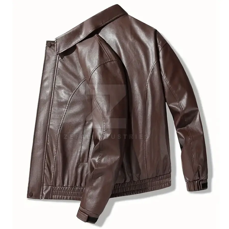 Custom Brown Solid Color Men's Leather Jacket Stand Front Waterproof Breathable Eco-Friendly Windproof High Quality OEM Winter — Zefal Industries product photograph 4 of 6