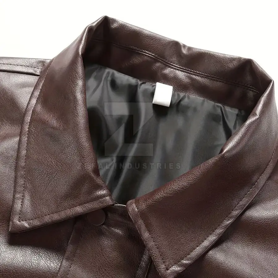 Custom Brown Solid Color Men's Leather Jacket Stand Front Waterproof Breathable Eco-Friendly Windproof High Quality OEM Winter — Zefal Industries product photograph 5 of 6
