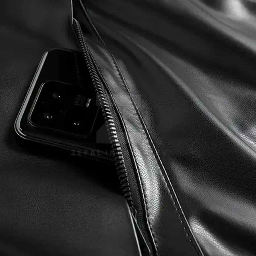 Fashion Men Leather Jacket Stand Collar Front Logo Waterproof Breathable Eco-Friendly Winter Jacket Customizable Low MOQ — Zefal Industries product photograph 3 of 6