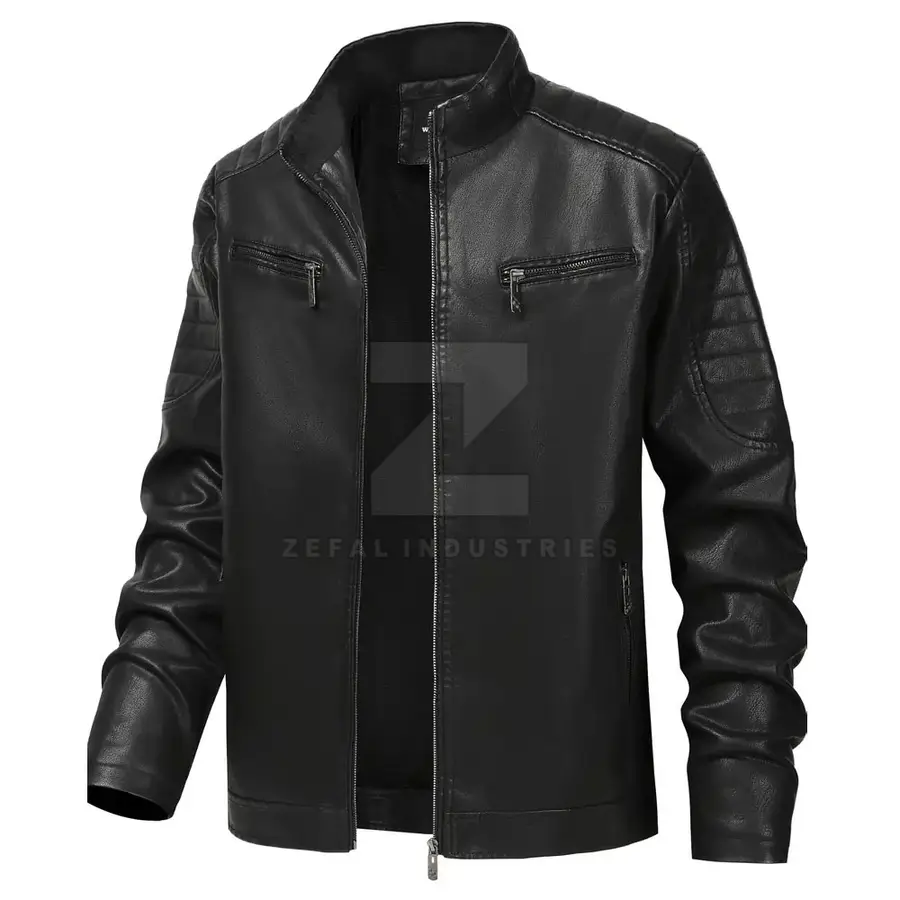 Cheap Price Men Leather Jacket Breathable Lightweight Stand Collar Front Logo Casual Winter Jacket for Online Sale — real Zefal Industries product photograph