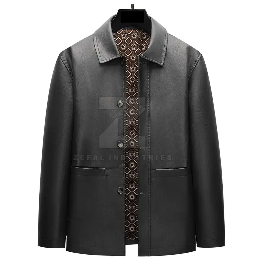 Casual Men's Winter Leather Jacket Stand Collar Front Logo High Quality Waterproof Windproof Eco-Friendly Breathable Customized — real Zefal Industries product photograph