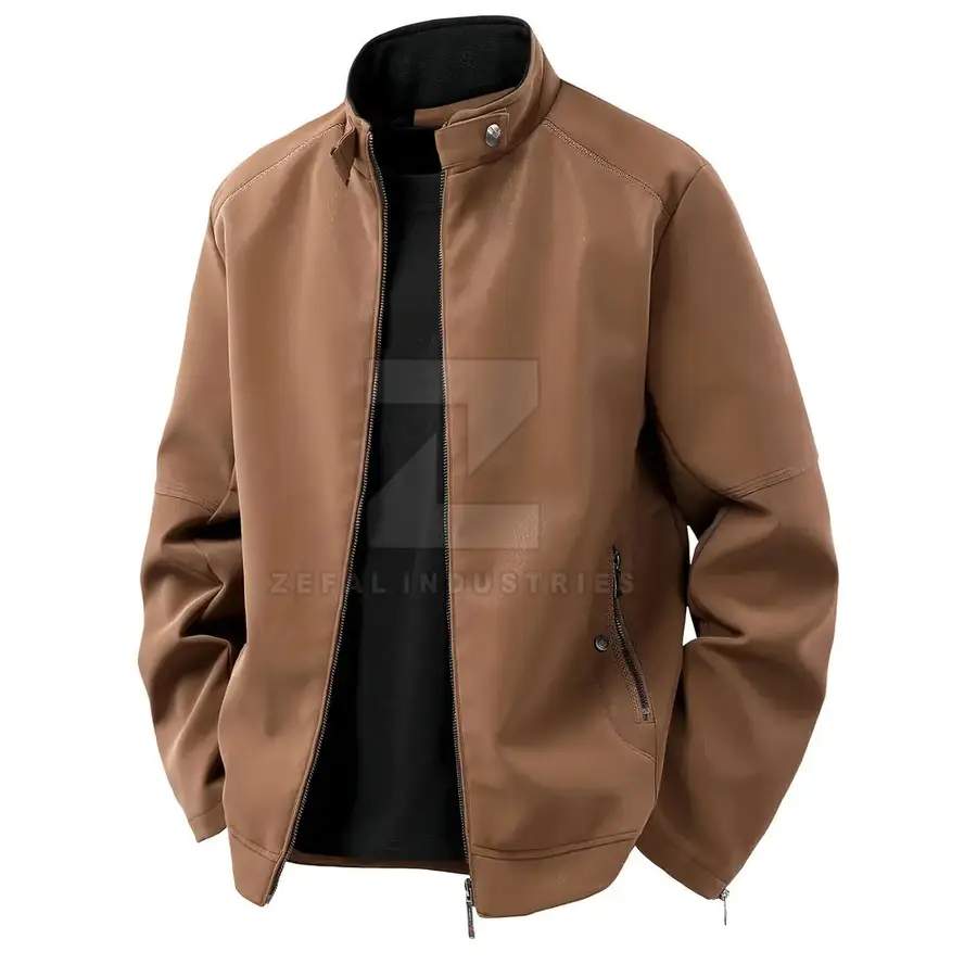 Best Selling Eco-Friendly Windproof Breathable Waterproof Men's Leather Jacket Stand Collar Front Logo Customized Design Jacket — real Zefal Industries product photograph