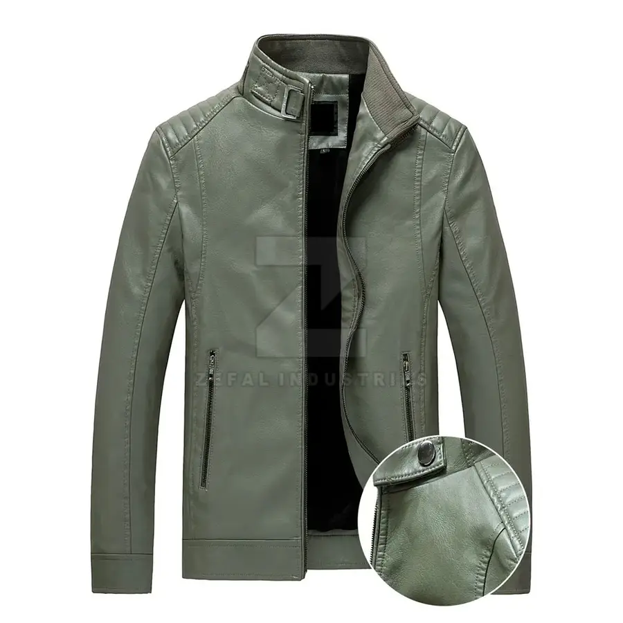 Low Price Men's Leather Winter Jacket Custom Color Plus Size Eco-Friendly Waterproof Breathable Windproof Stand Collar Front — Zefal Industries product photograph 2 of 6