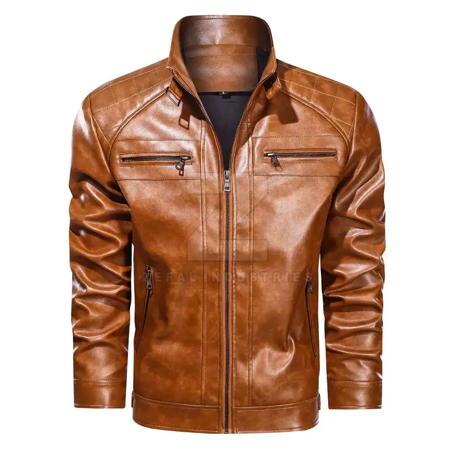 Customized Logo Design Stand Collar Front Winter Waterproof Eco-Friendly Windproof Men Leather Jacket for Online Sale Low Price — Zefal Industries product photograph 1 of 6