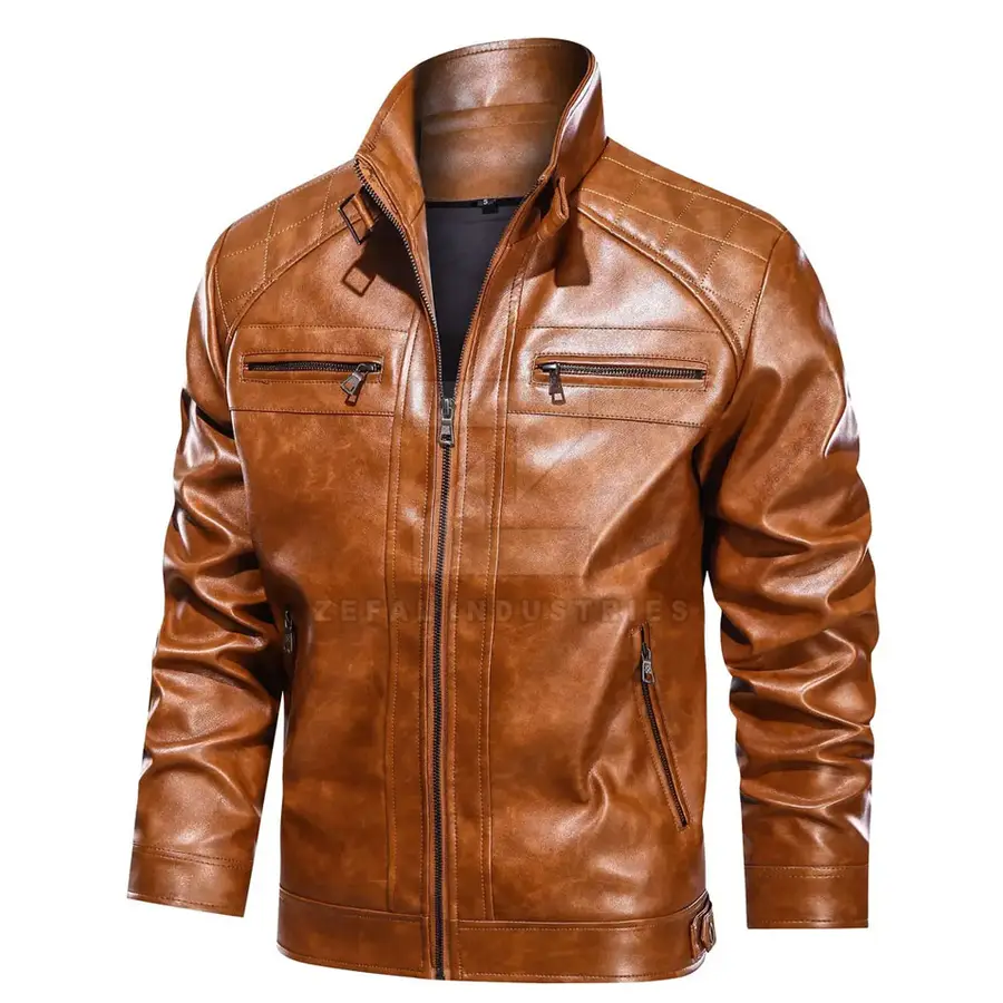 Customized Logo Design Stand Collar Front Winter Waterproof Eco-Friendly Windproof Men Leather Jacket for Online Sale Low Price — Zefal Industries product photograph 3 of 6