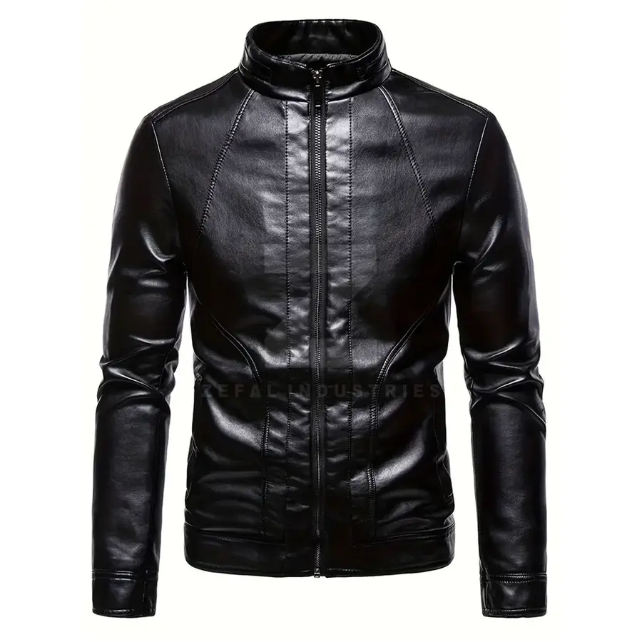 New Winter Fashion Design Custom Stand Collar Front Logo Men Leather Jacket Breathable Windproof Waterproof Eco-Friendly Casual — Zefal Industries product photograph 1 of 6