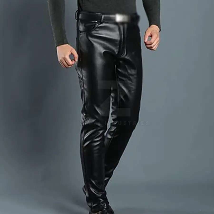 Custom Made Men's Leather Pants-Dark Mid Waist Lightweight Casual Style with Customized Logo and Design — Zefal Industries product photograph 5 of 6