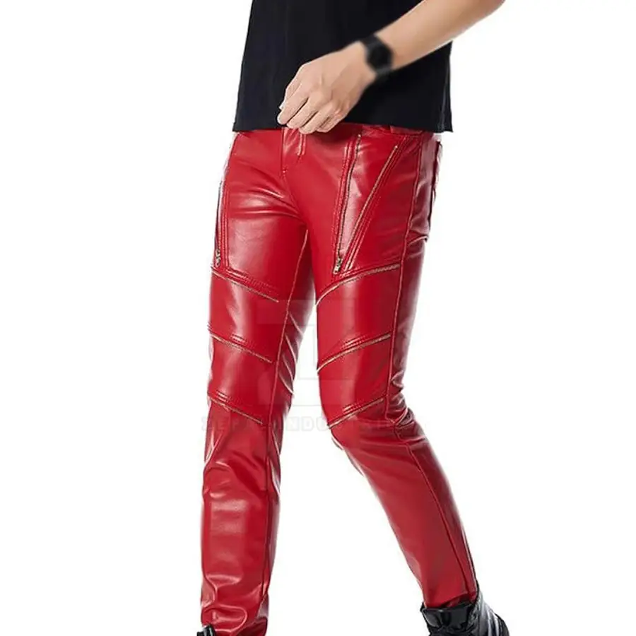 High Quality Solid Color Casual Men Leather Pants Dark Wash Mid Waist Breathable Lightweight Winter Customized Colors Button — Zefal Industries product photograph 1 of 6