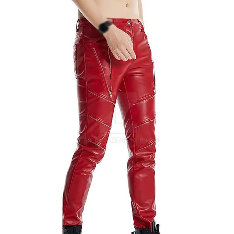 High Quality Solid Color Casual Men Leather Pants Dark Wash Mid Waist Breathable Lightweight Winter Customized Colors Button — Zefal Industries product photograph 2 of 6
