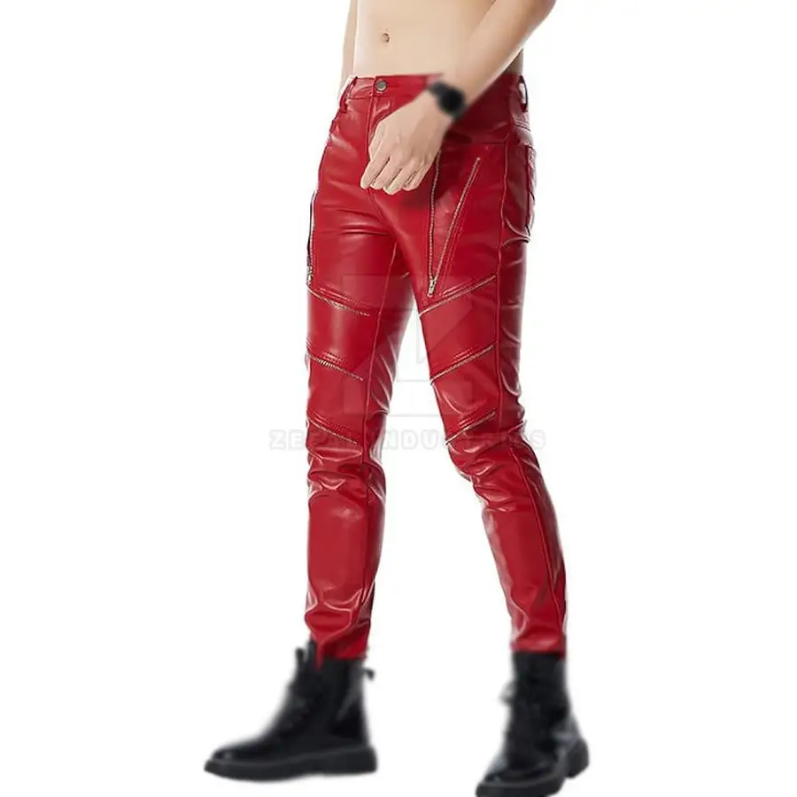 High Quality Solid Color Casual Men Leather Pants Dark Wash Mid Waist Breathable Lightweight Winter Customized Colors Button — Zefal Industries product photograph 3 of 6