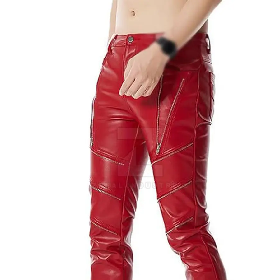 High Quality Solid Color Casual Men Leather Pants Dark Wash Mid Waist Breathable Lightweight Winter Customized Colors Button — Zefal Industries product photograph 5 of 6