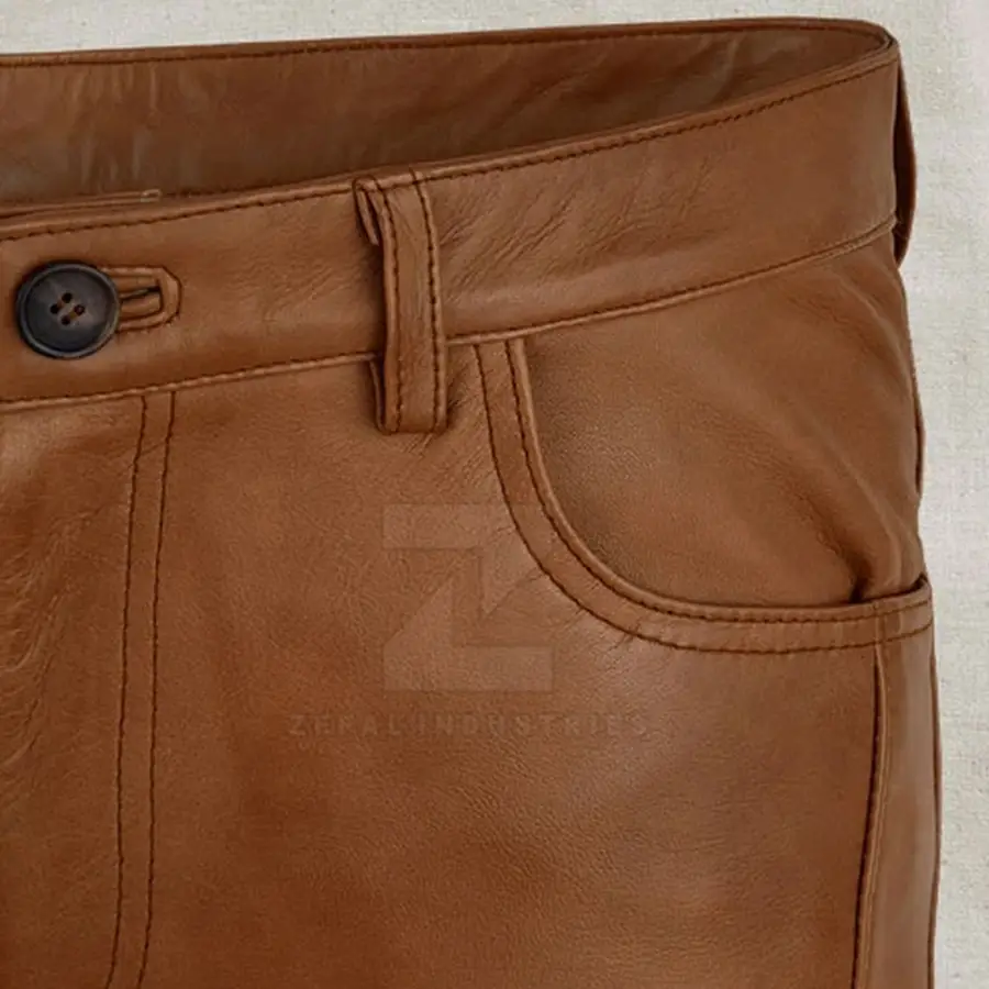 High Quality Lightweight Casual Men Leather Pants Dark Wash Mid Waist Custom Logo Print OEM Service Breathable Wholesale Best — Zefal Industries product photograph 6 of 6
