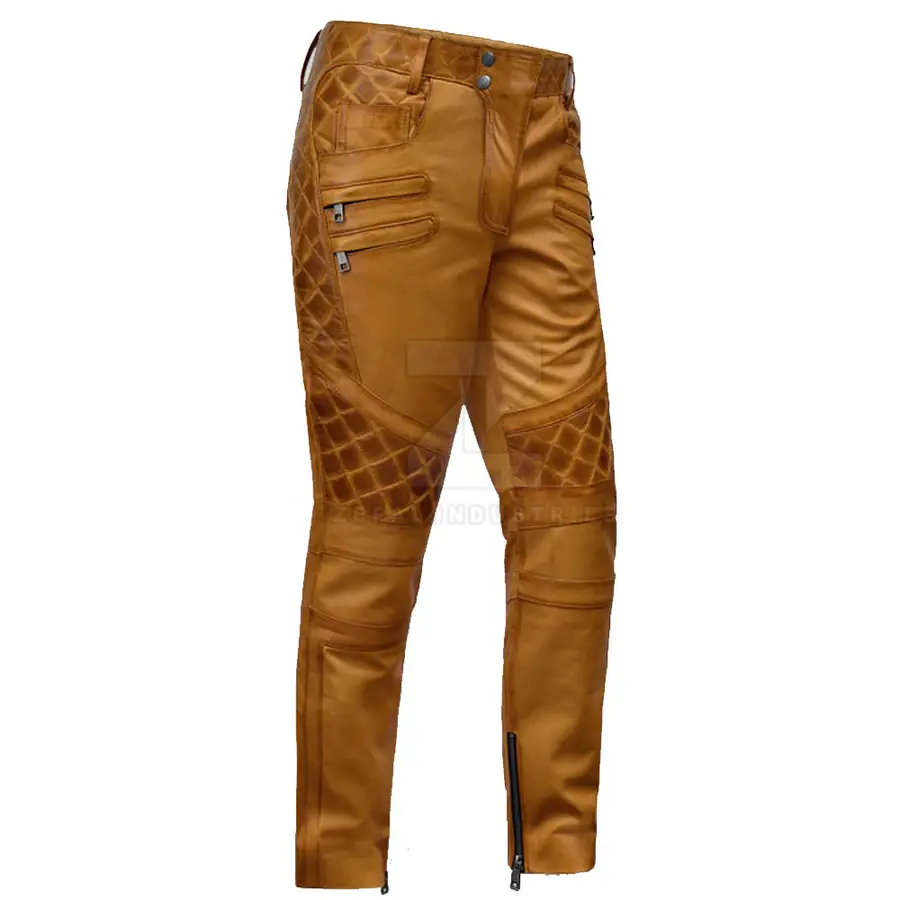 Customized Logo Dark Mid Lightweight Casual Men's Leather Pants Button Closure Flat Front High Quality Winter Outdoor Breathable — Zefal Industries product photograph 3 of 6