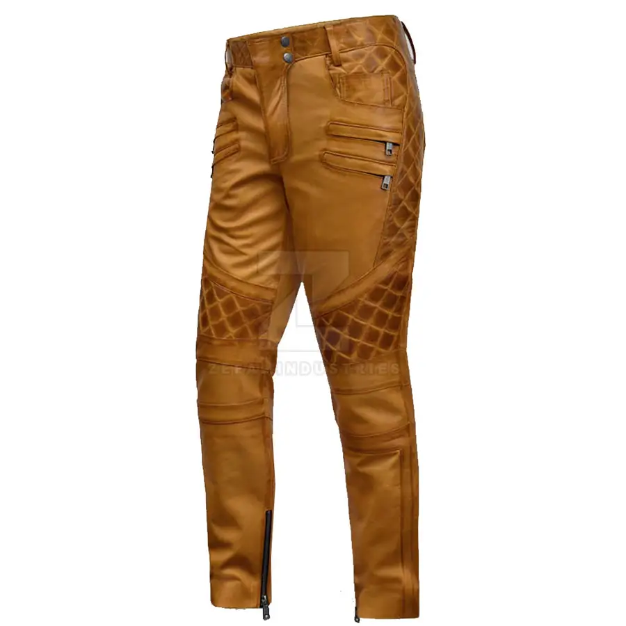 Customized Logo Dark Mid Lightweight Casual Men's Leather Pants Button Closure Flat Front High Quality Winter Outdoor Breathable — Zefal Industries product photograph 4 of 6