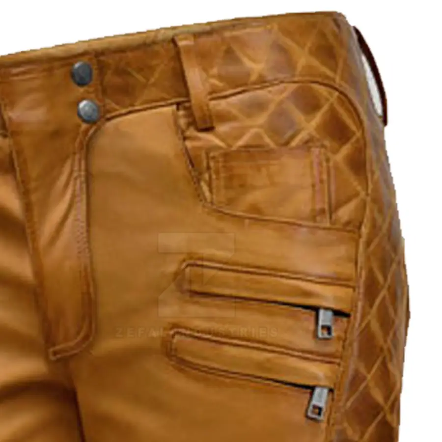 Customized Logo Dark Mid Lightweight Casual Men's Leather Pants Button Closure Flat Front High Quality Winter Outdoor Breathable — Zefal Industries product photograph 6 of 6