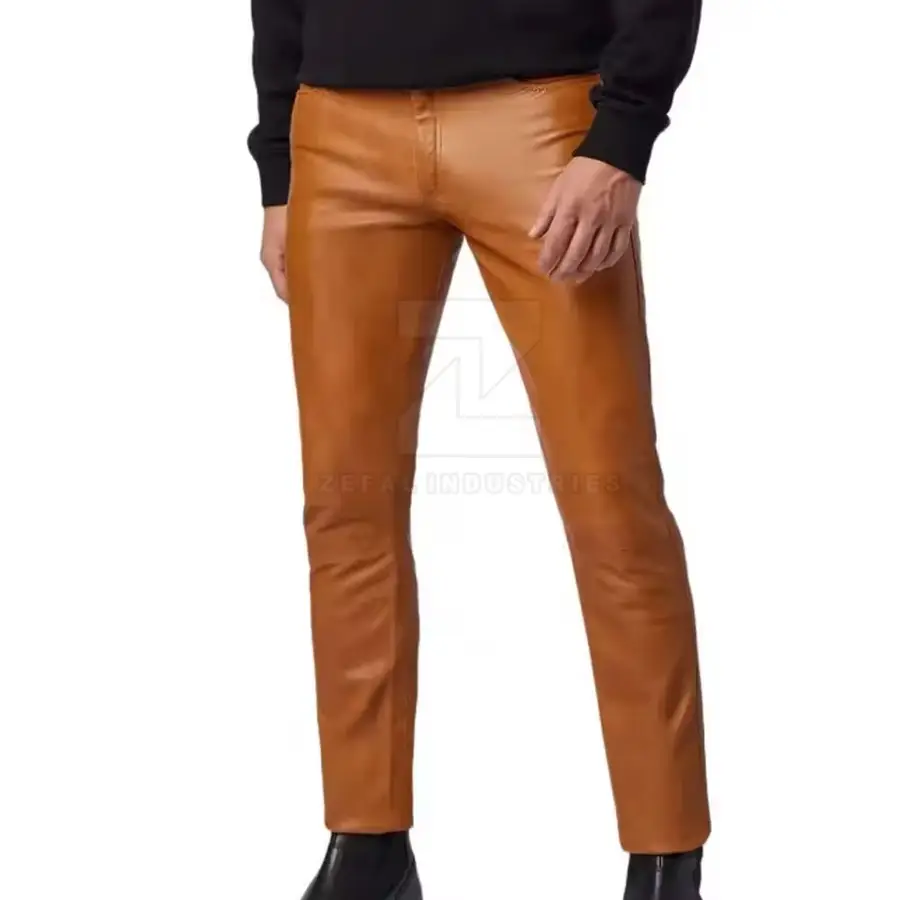 Lightweight Best Selling Men Leather Pants Customized Logo Dark Wash Mid Waist Breathable Casual Winter Button Closure Premium — Zefal Industries product photograph 4 of 6