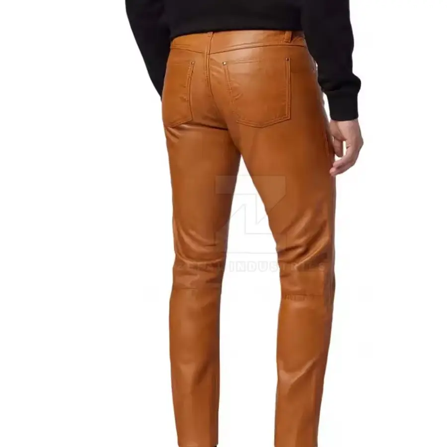 Lightweight Best Selling Men Leather Pants Customized Logo Dark Wash Mid Waist Breathable Casual Winter Button Closure Premium — Zefal Industries product photograph 5 of 6