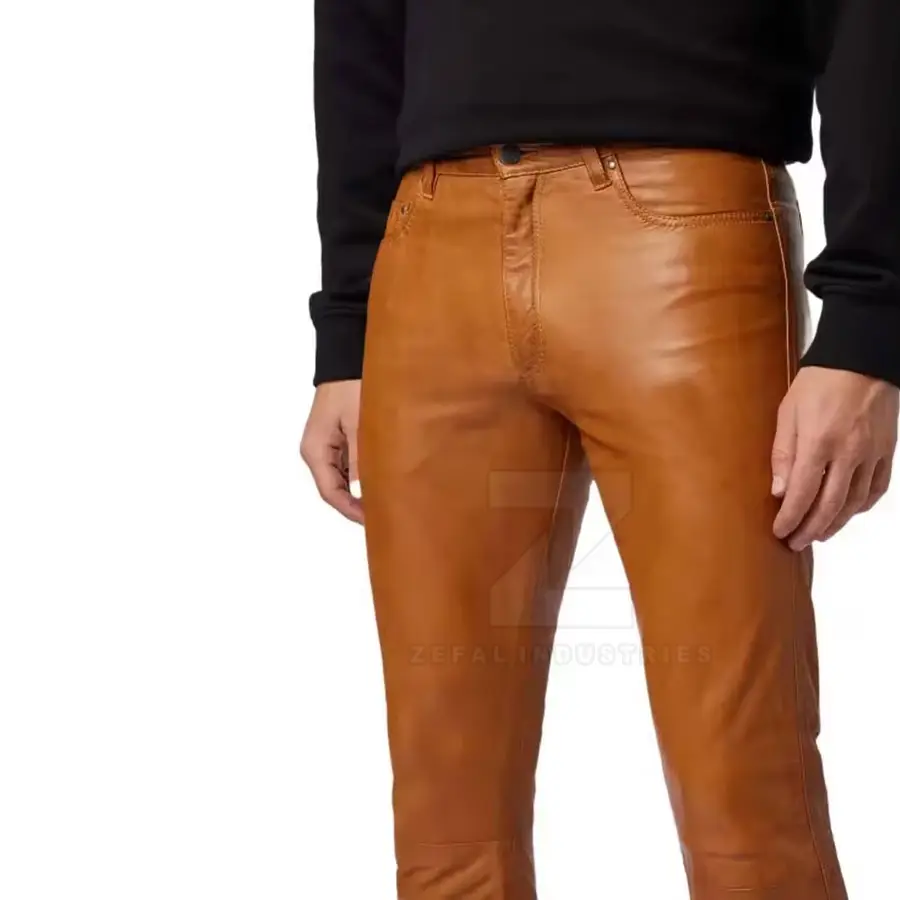 Lightweight Best Selling Men Leather Pants Customized Logo Dark Wash Mid Waist Breathable Casual Winter Button Closure Premium — Zefal Industries product photograph 6 of 6