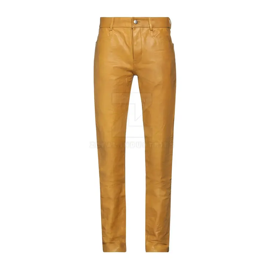 Premium Men Leather Pants Customized Logo Dark Wash Mid Waist Button Closure Lightweight Breathable Winter Casual Party Wear — Zefal Industries product photograph 1 of 6