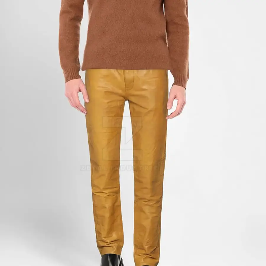 Premium Men Leather Pants Customized Logo Dark Wash Mid Waist Button Closure Lightweight Breathable Winter Casual Party Wear — Zefal Industries product photograph 2 of 6