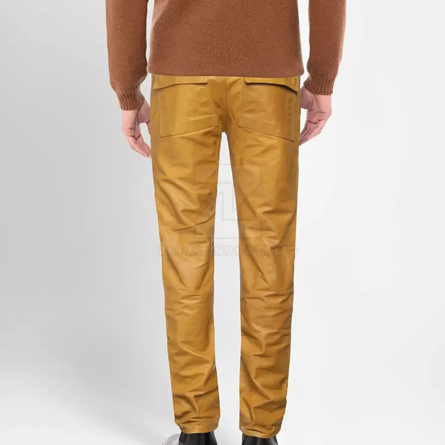 Premium Men Leather Pants Customized Logo Dark Wash Mid Waist Button Closure Lightweight Breathable Winter Casual Party Wear — Zefal Industries product photograph 3 of 6