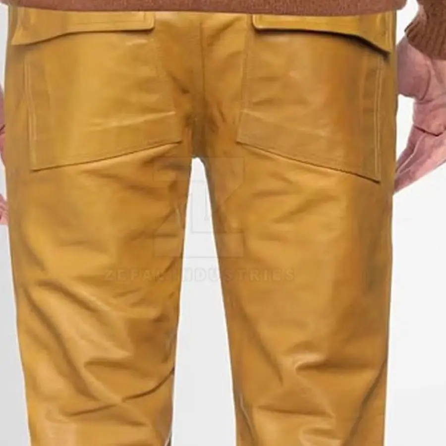 Premium Men Leather Pants Customized Logo Dark Wash Mid Waist Button Closure Lightweight Breathable Winter Casual Party Wear — Zefal Industries product photograph 4 of 6