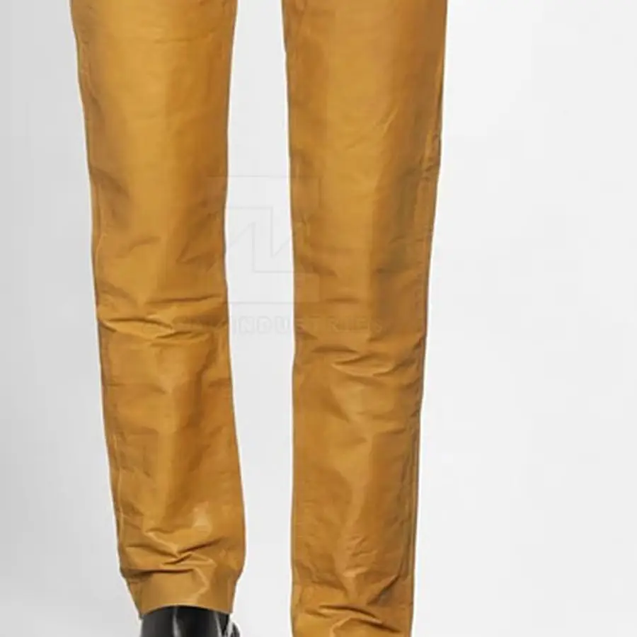 Premium Men Leather Pants Customized Logo Dark Wash Mid Waist Button Closure Lightweight Breathable Winter Casual Party Wear — Zefal Industries product photograph 5 of 6