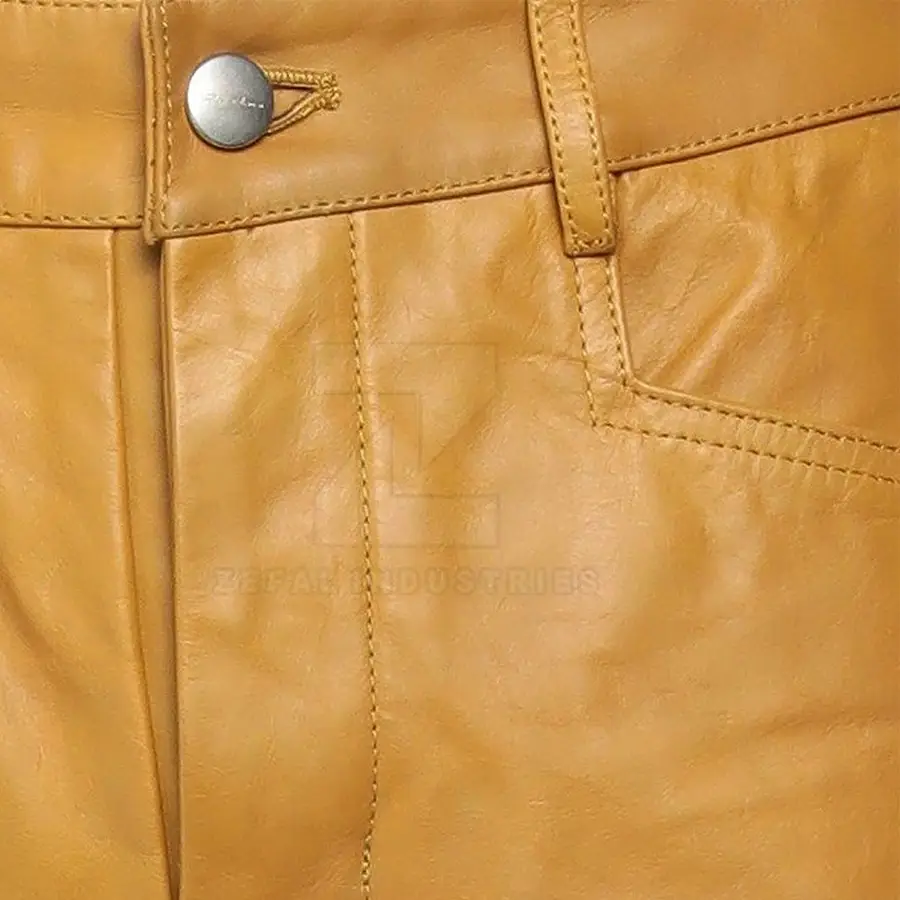 Premium Men Leather Pants Customized Logo Dark Wash Mid Waist Button Closure Lightweight Breathable Winter Casual Party Wear — Zefal Industries product photograph 6 of 6
