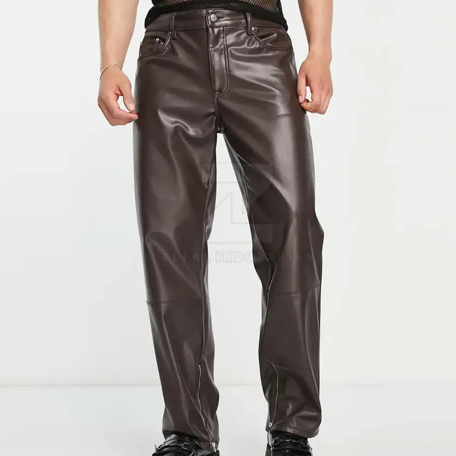 Factory Direct Sale Men Leather Pants Lightweight Casual Dark Flat Front Breathable Winter New Arrival — Zefal Industries product photograph 3 of 6