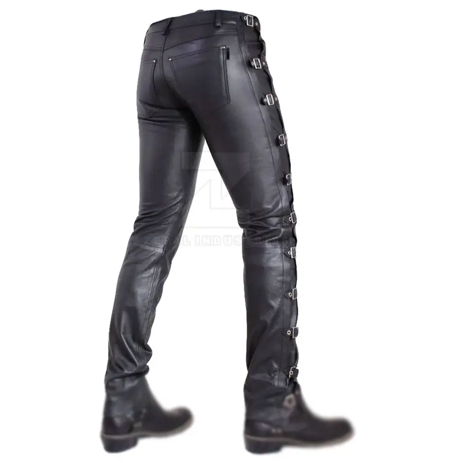 Men's Lightweight Breathable Casual Leather Pants Mid Waist Dark High Shine Finish Button Closure Customized Logo Winter Fashion — Zefal Industries product photograph 2 of 6