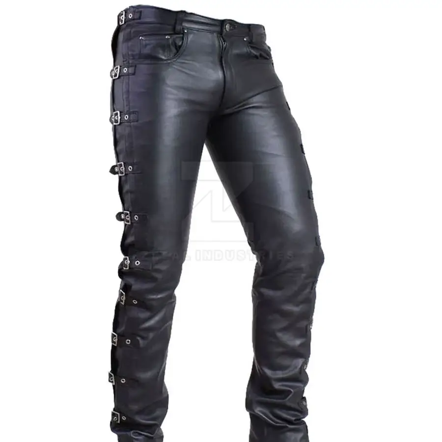 Men's Lightweight Breathable Casual Leather Pants Mid Waist Dark High Shine Finish Button Closure Customized Logo Winter Fashion — Zefal Industries product photograph 3 of 6