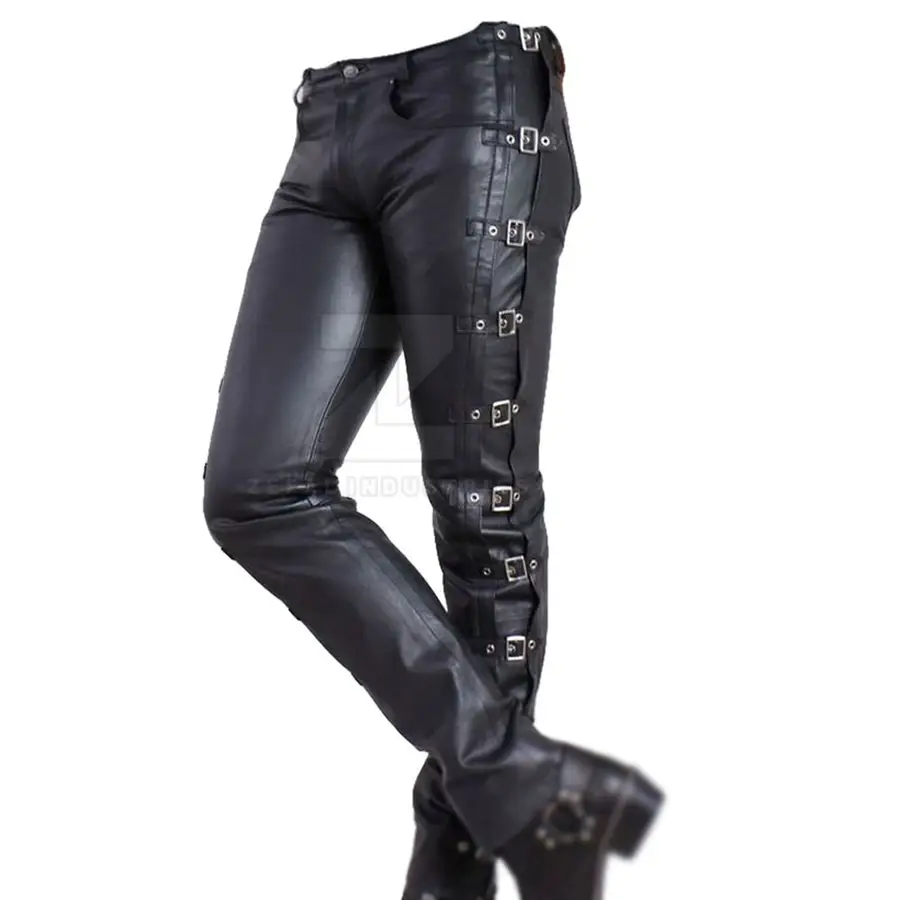 Men's Lightweight Breathable Casual Leather Pants Mid Waist Dark High Shine Finish Button Closure Customized Logo Winter Fashion — Zefal Industries product photograph 4 of 6