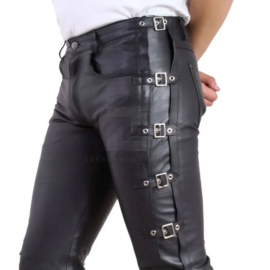 Men's Lightweight Breathable Casual Leather Pants Mid Waist Dark High Shine Finish Button Closure Customized Logo Winter Fashion — Zefal Industries product photograph 5 of 6